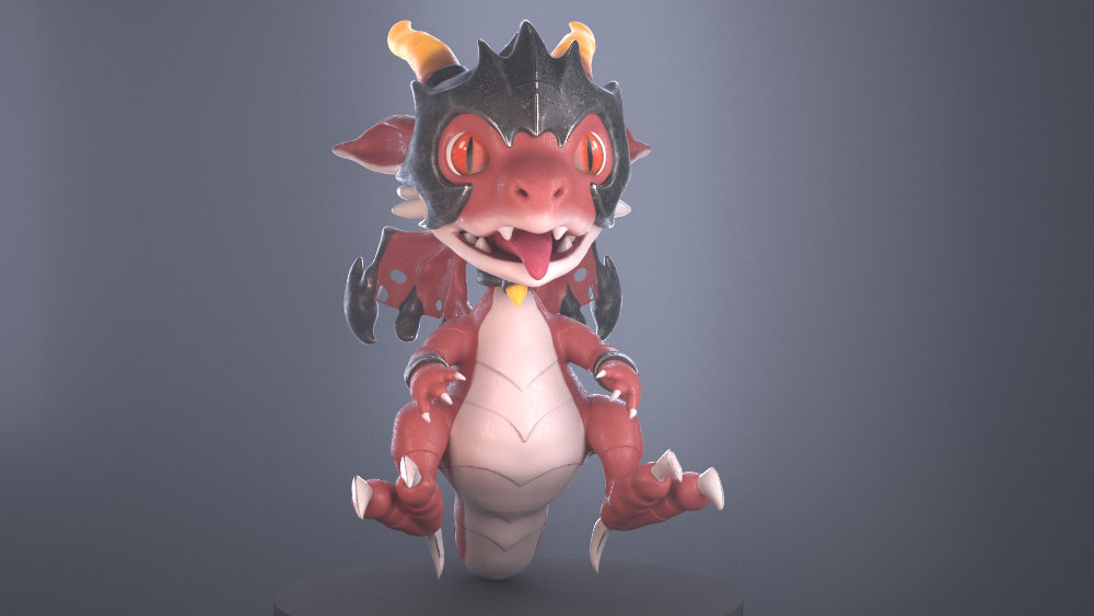 An Arnold render of a 3D textured and modelled cartoon dragon seen from the front