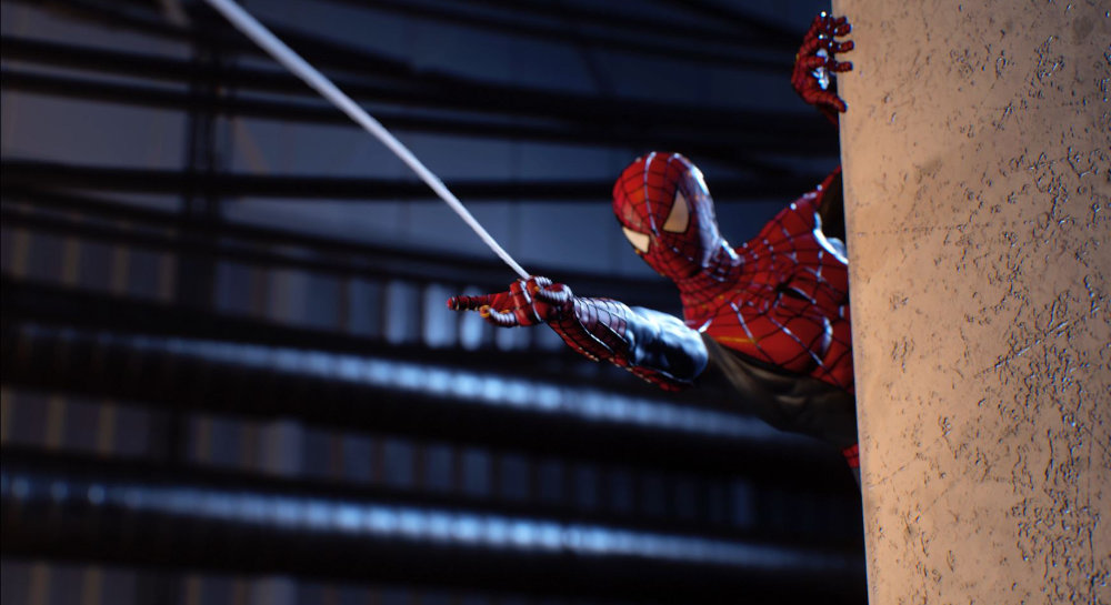 A 3D scene of Spider Man shooting web from our motion capture project